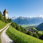 **

A scenic vista of the Fürstenweg (Prince's Way) trekking route in Liechtenstein. Capture the majestic Alps in the background, a winding path, and possibly a glimpse of the Liechtenstein princely castle in the distance. Focus on the beauty of nature and the sense of adventure in trekking. The color palette should be vibrant, with greens, blues, and browns dominating.

**