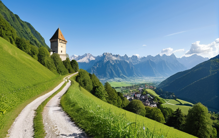 **
A scenic vista of the Fürstenweg (Prince's Way) trekking route in Liechtenstein. Capture the majestic Alps in the background, a winding path, and possibly a glimpse of the Liechtenstein princely castle in the distance. Focus on the beauty of nature and the sense of adventure in trekking. The color palette should be vibrant, with greens, blues, and browns dominating.
**
