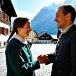 A professional photograph depicting two individuals, one appearing to be from Liechtenstein and one from Austria, engaged in friendly conversation. They are wearing modest traditional Alpine clothing, fully clothed. The setting is a charming, sunlit Alpine village square with traditional architecture and distant green mountains, bustling with a subtle, family-friendly local festival atmosphere. Elements of folk music and local crafts are gently visible. Professional photography, high resolution, soft natural light, perfect anatomy, correct proportions, natural pose, well-formed hands, proper finger count, natural body proportions, safe for work, appropriate content, professional, modest clothing.