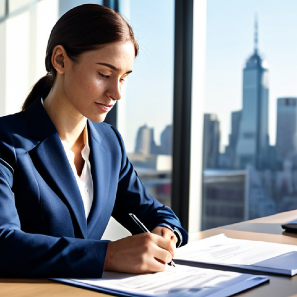**

A professional businesswoman in a modest, dark blue business suit, sitting at a clean desk in a modern, sunlit office. She is reviewing documents. The background includes blurred office elements and a large window overlooking a city skyline. Fully clothed, appropriate attire, safe for work, perfect anatomy, natural proportions, professional photography, high quality.

**