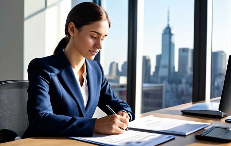 **
A professional businesswoman in a modest, dark blue business suit, sitting at a clean desk in a modern, sunlit office. She is reviewing documents. The background includes blurred office elements and a large window overlooking a city skyline. Fully clothed, appropriate attire, safe for work, perfect anatomy, natural proportions, professional photography, high quality.
**