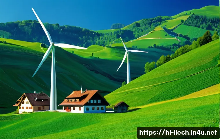 리히텐슈타인의 재생 가능 에너지 정책 - A detailed landscape of Liechtenstein’s countryside featuring modern wind turbines with advanced bla...