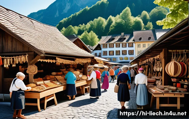 리히텐슈타인의 전통 및 현대 문화 비교 - A vibrant traditional marketplace scene in Liechtenstein showcasing local artists and craftsmen at w...