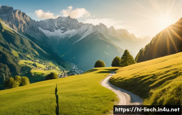 리히텐슈타인에서 경험할 수 있는 특별한 활동 - A serene valley scene in Liechtenstein during early morning, featuring lush green mountains bathed i...