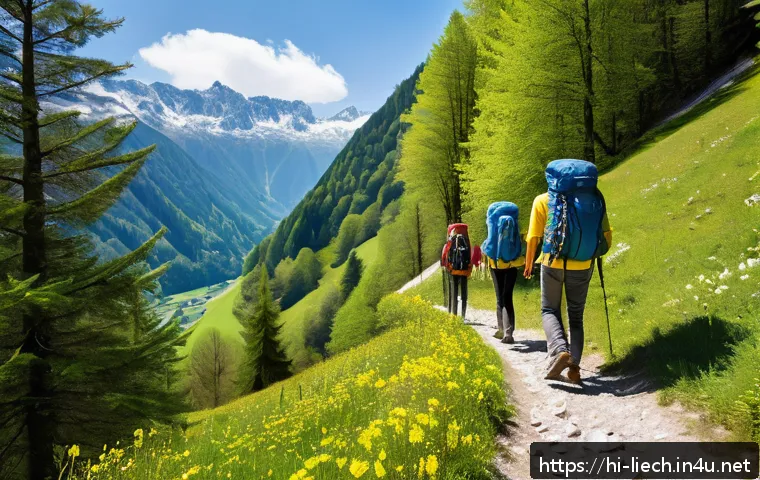 리히텐슈타인의 등산 코스 추천 - A scenic hiking trail in the mountains of Liechtenstein during spring, featuring lush green forests,...