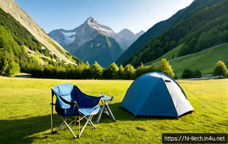 리히텐슈타인에서 캠핑하기 - Photorealistic campsite in Liechtenstein at sunrise, a modern green hiking tent beside a clear alpin...